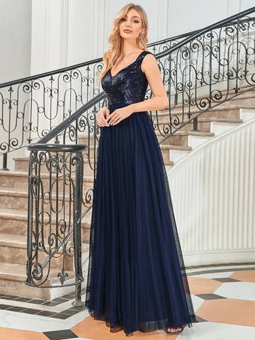 Off Shoulder Tulle & Sequin Sleeveless Evening Dress