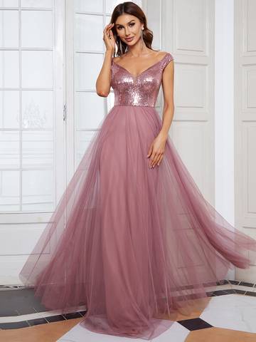 Off Shoulder Tulle & Sequin Sleeveless Evening Dress