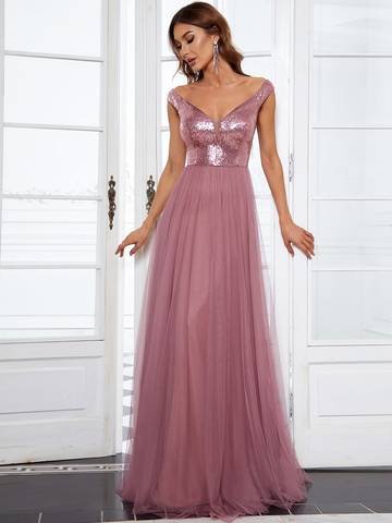 Off Shoulder Tulle & Sequin Sleeveless Evening Dress