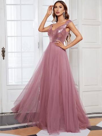 Off Shoulder Tulle & Sequin Sleeveless Evening Dress