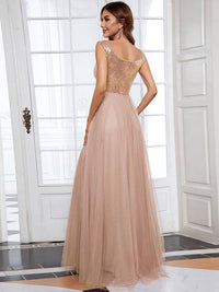 Off Shoulder Tulle & Sequin Sleeveless Evening Dress