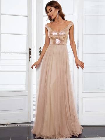 Off Shoulder Tulle & Sequin Sleeveless Evening Dress