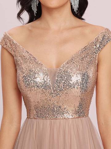 Off Shoulder Tulle & Sequin Sleeveless Evening Dress