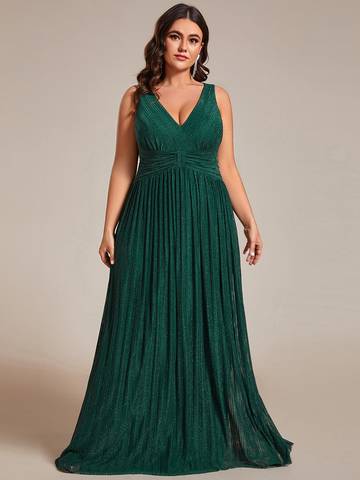 Plus Glittery Pleated Empire Waist Sleeveless Formal Evening Dress