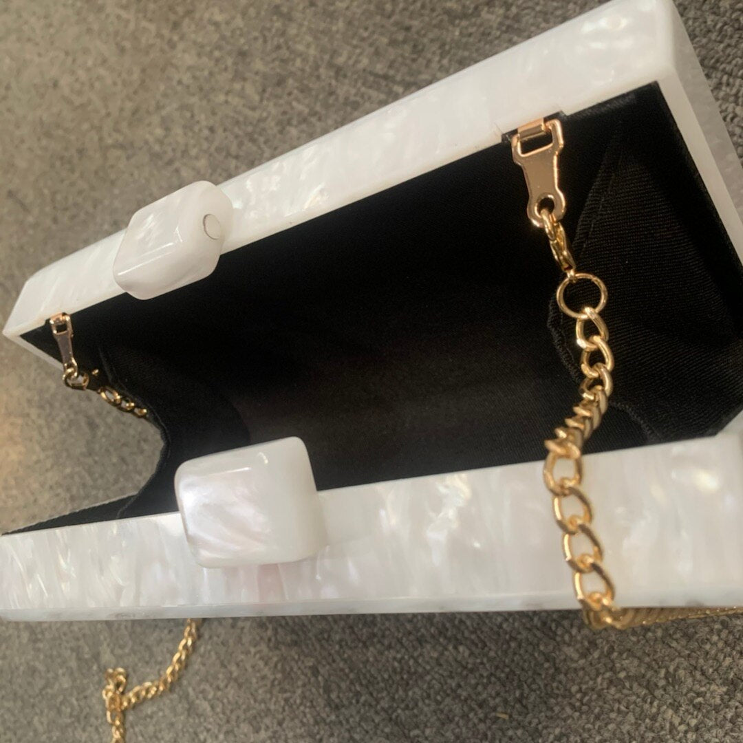 Mrs Letter Evening Bag, white marble bridal clutch with gold chain, perfect for luxurious weddings and elegant parties.