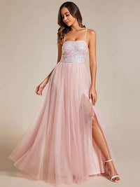 Sequin Tulle Spaghetti Strap High Split Dress