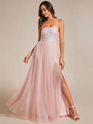 Sequin Tulle Spaghetti Strap High Split Dress Luxurious Weddings