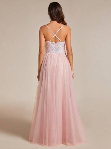 Sequin Tulle Spaghetti Strap High Split Dress