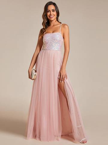 Sequin Tulle Spaghetti Strap High Split Dress