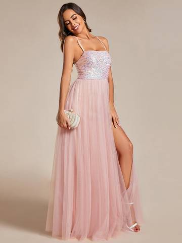 Sequin Tulle Spaghetti Strap High Split Dress