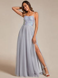 Sequin Tulle Spaghetti Strap High Split Dress