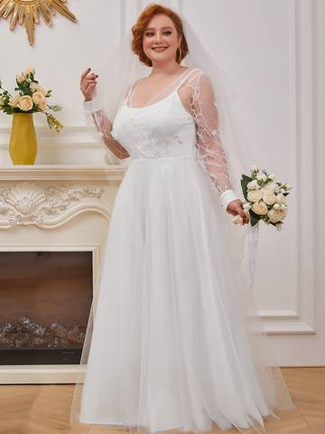 Simple Tulle Wedding Dress with Long Sleeves Luxurious Weddings