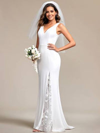Spaghetti Straps V Neck Appliques Fishtail White Wedding Dress