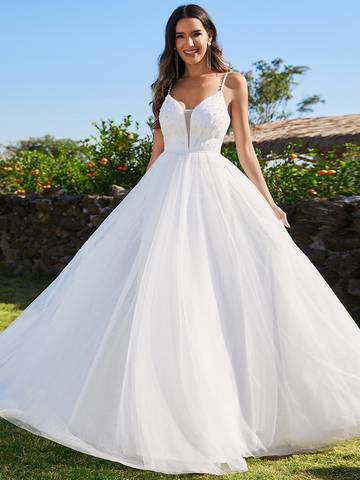 Spaghetti Straps Sleeveless Tulle Pearl Beaded Wedding Dress Wedding Dress Luxurious Weddings