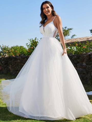 Spaghetti Straps Sleeveless Tulle Pearl Beaded Wedding Dress Luxurious Weddings