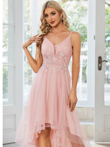 High Low Mesh Appliques Prom Dresses