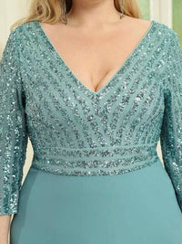 Sexy V Neck A-Line Plus Size Sequin  Evening Dress with Sleeve