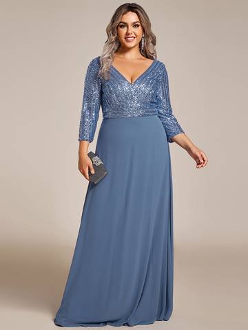 Sexy V Neck A-Line Plus Size Sequin  Evening Dress with Sleeve