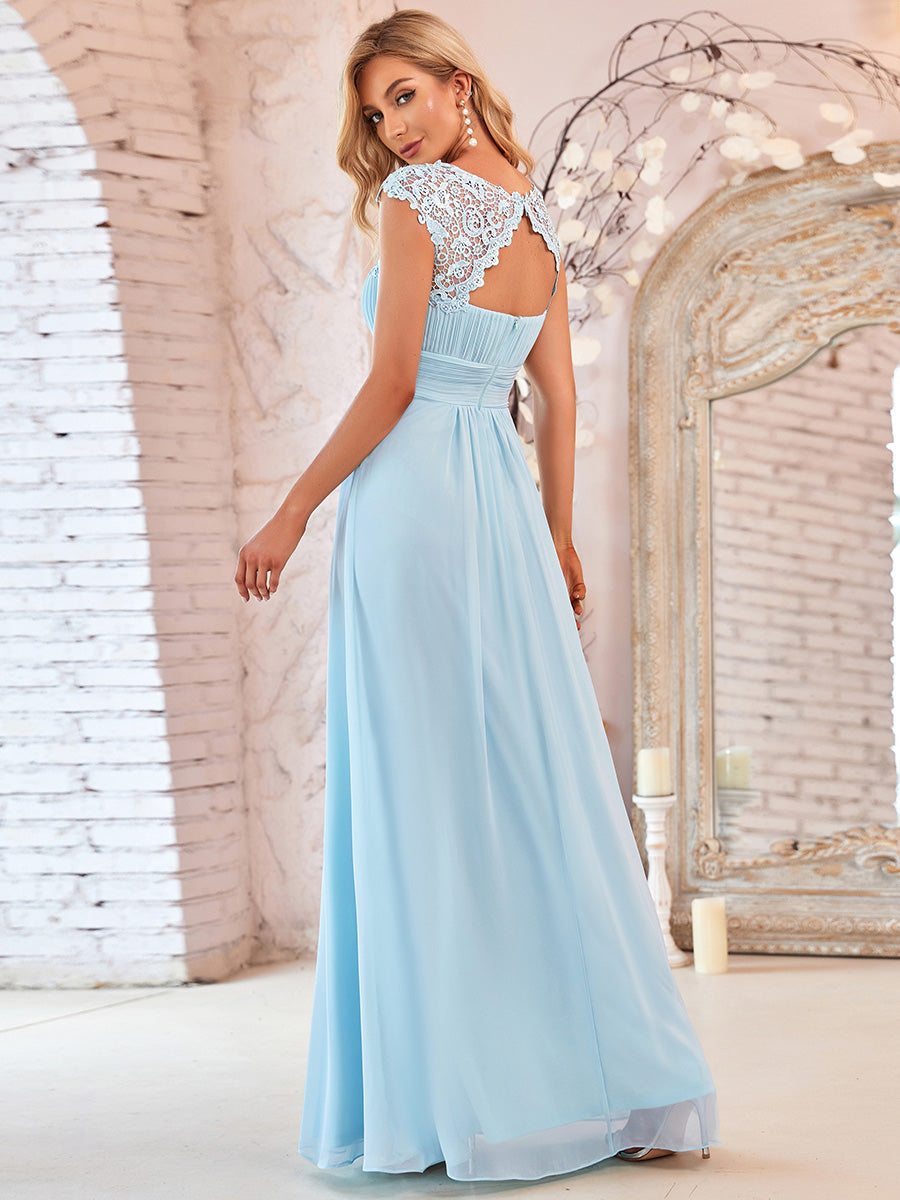 Lacey Neckline Open Back Ruched Bust  Chiffon Evening Dresses