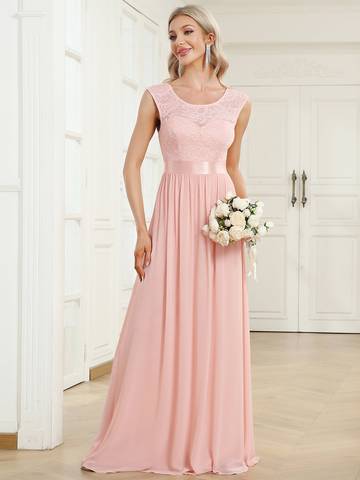 V Back Belted Lace & Chiffon Bridesmaid Dresses Luxurious Weddings