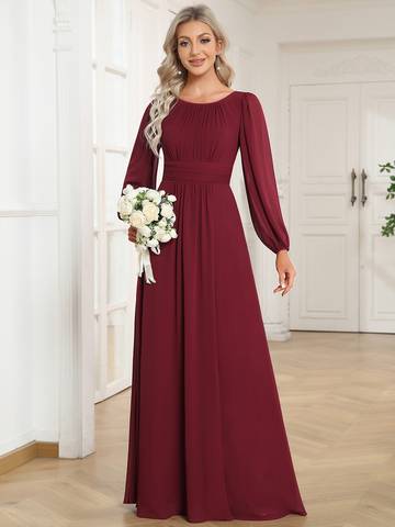 Round Neck Bridesmaid Dresses with Long Lantern Sleeves Luxurious Weddings