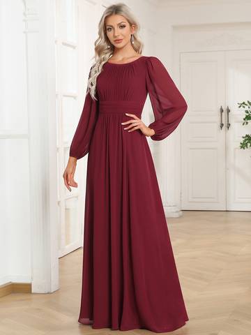 Round Neck Bridesmaid Dresses with Long Lantern Sleeves Luxurious Weddings