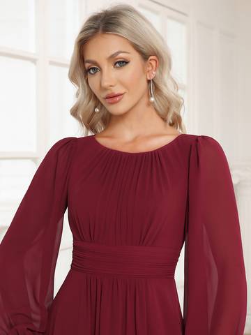 Round Neck Bridesmaid Dresses with Long Lantern Sleeves Luxurious Weddings