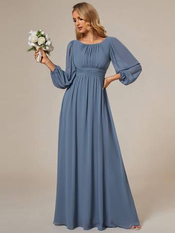 Round Neck Bridesmaid Dresses with Long Lantern Sleeves