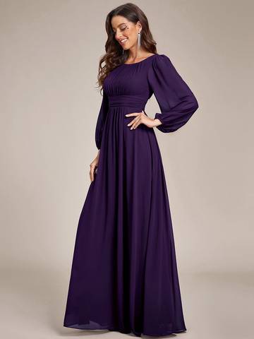 Round Neck Bridesmaid Dresses with Long Lantern Sleeves Luxurious Weddings