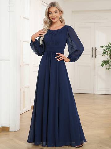 Round Neck Bridesmaid Dresses with Long Lantern Sleeves Luxurious Weddings