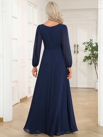 Round Neck Bridesmaid Dresses with Long Lantern Sleeves