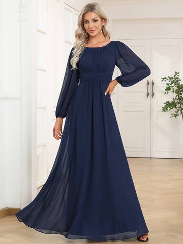 Round Neck Bridesmaid Dresses with Long Lantern Sleeves