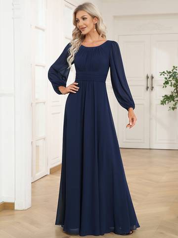 Round Neck Bridesmaid Dresses with Long Lantern Sleeves Luxurious Weddings