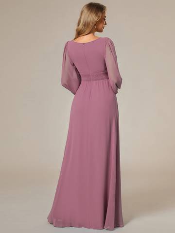 Round Neck Bridesmaid Dresses with Long Lantern Sleeves