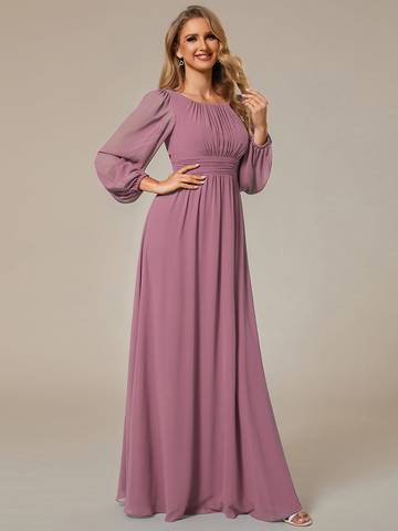 Round Neck Bridesmaid Dresses with Long Lantern Sleeves Luxurious Weddings