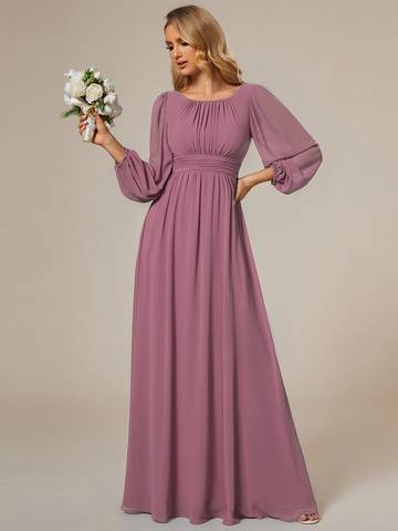 Round Neck Bridesmaid Dresses with Long Lantern Sleeves Luxurious Weddings