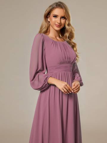 Round Neck Bridesmaid Dresses with Long Lantern Sleeves