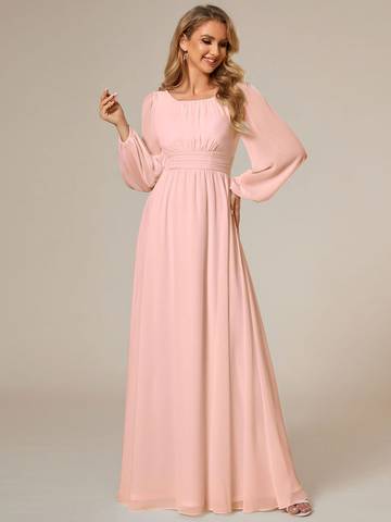 Round Neck Bridesmaid Dresses with Long Lantern Sleeves