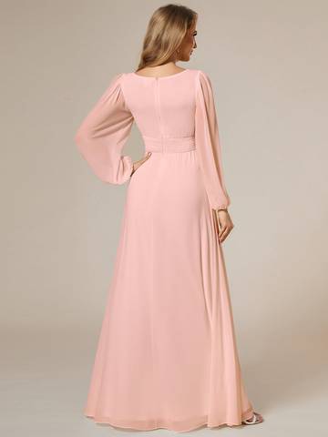 Round Neck Bridesmaid Dresses with Long Lantern Sleeves Luxurious Weddings