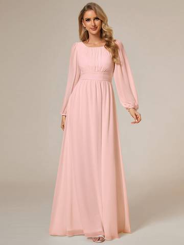 Round Neck Bridesmaid Dresses with Long Lantern Sleeves