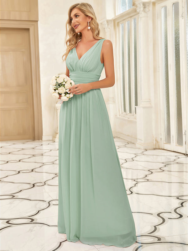 Elegant Double V-Neck Maxi Long Bridesmaid Dresses Luxurious Weddings