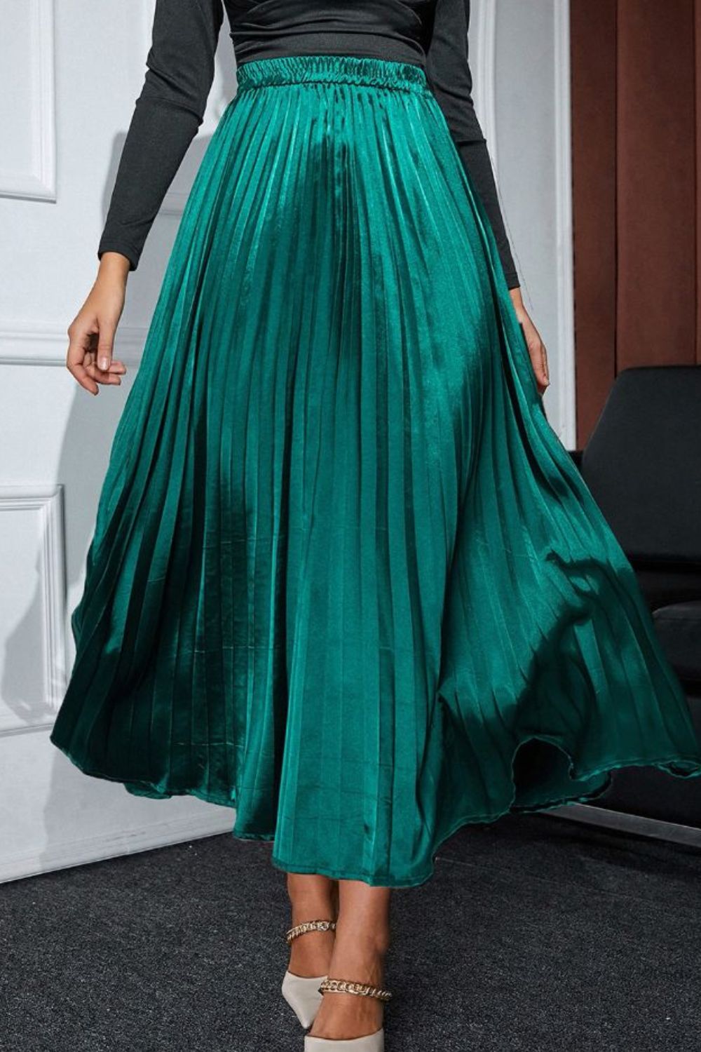 Elastic Waist Pleated Midi Skirt Skirt Luxurious Weddings