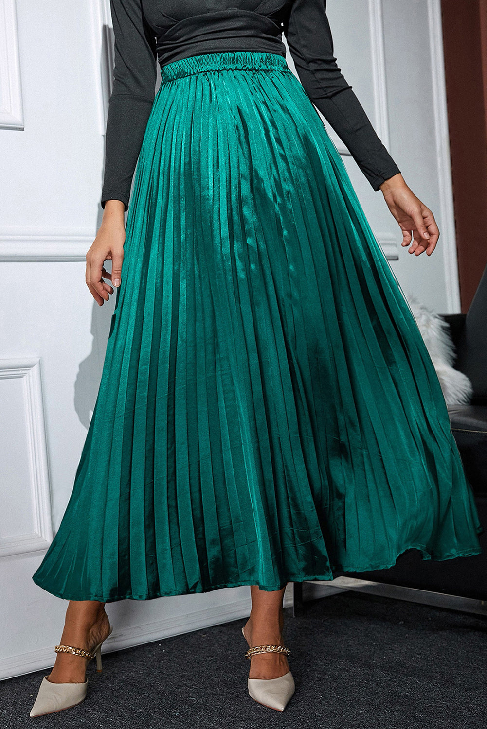 Elastic Waist Pleated Midi Skirt Skirt Luxurious Weddings