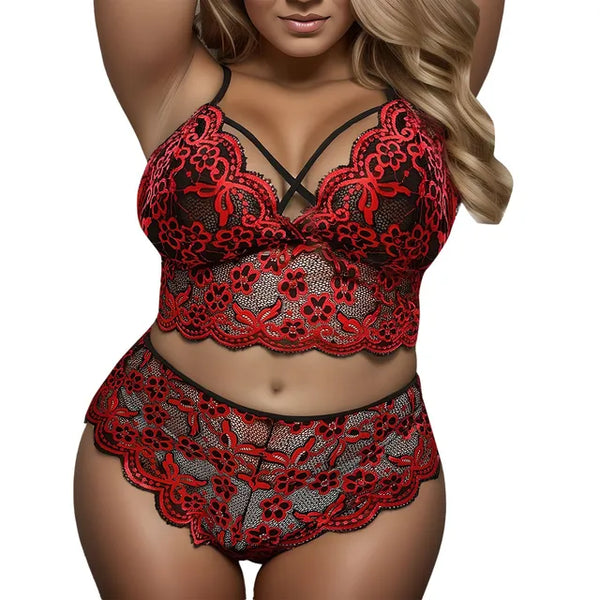 Floral Lace Lingerie Set Women Strappy Transparent Bra Elastic Panty See Through Underwear Intimates lingerie plus size