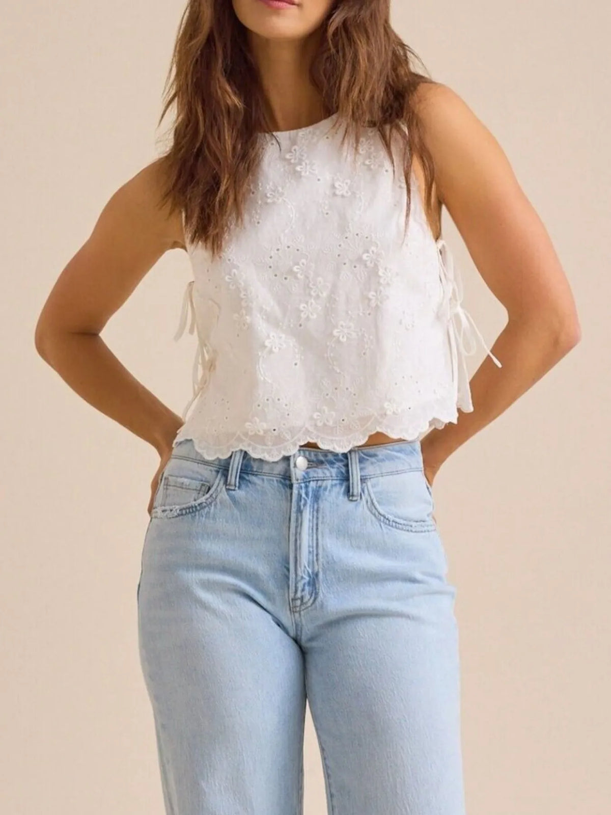 Eyelet Embroidered Scalloped Hem Tank Top Women's Tops Luxurious Weddings