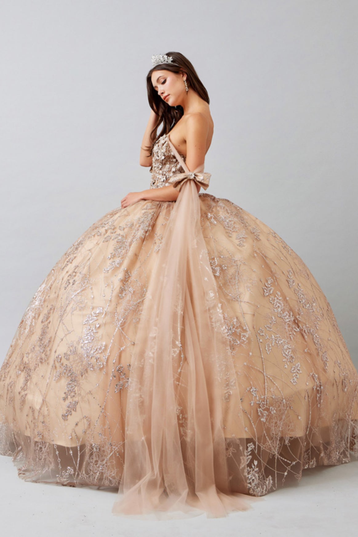 a woman in a ball gown is posing for a picture