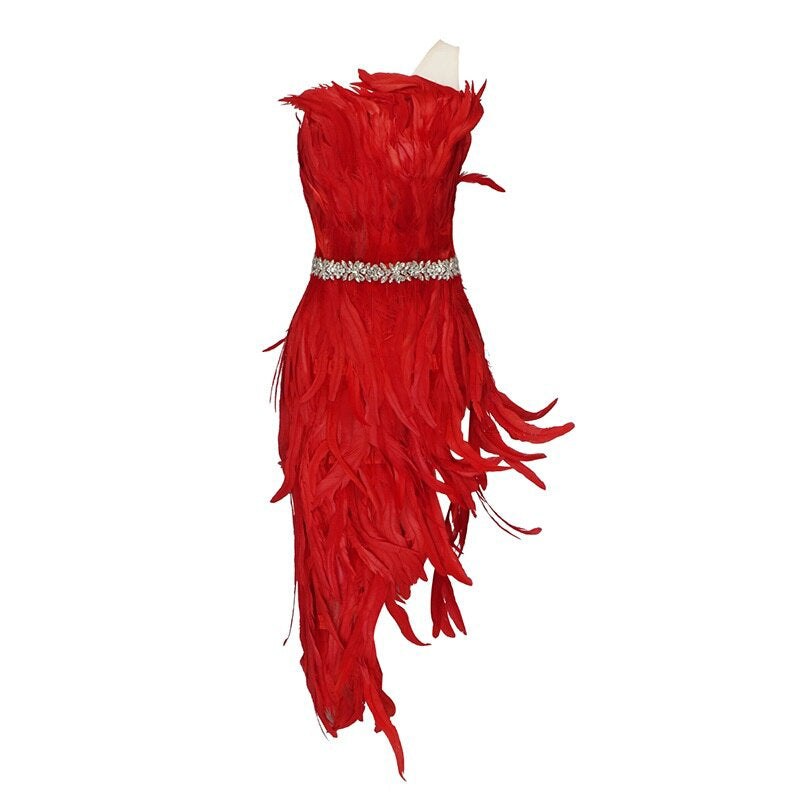 Stylish High Waist Feather Design Red Sequins Dress