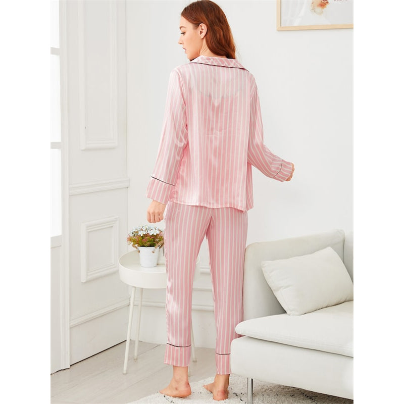 Pink 7Pcs Letter Embroidered Striped PJ Set With Shirt sleepwear Luxurious Weddings