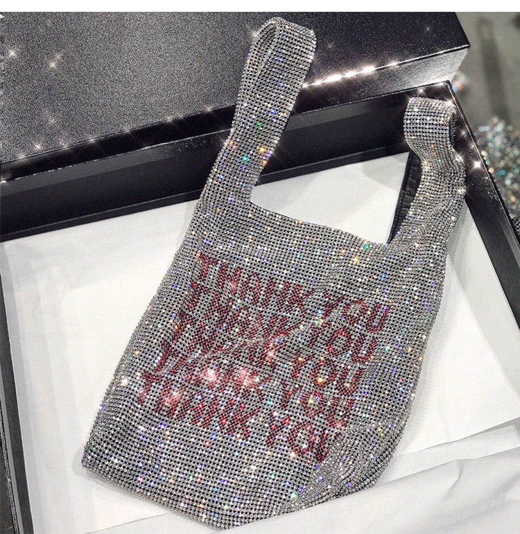 Thank You Crystal Sequins Tote Bag, stylish bling bag for luxurious weddings and events.