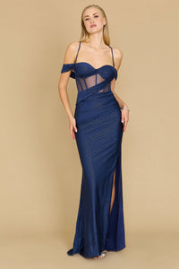 Fitted Corset Off-Shoulder Gown – Glitter Formal Dress with High Slit Maxi Dress Luxurious Weddings